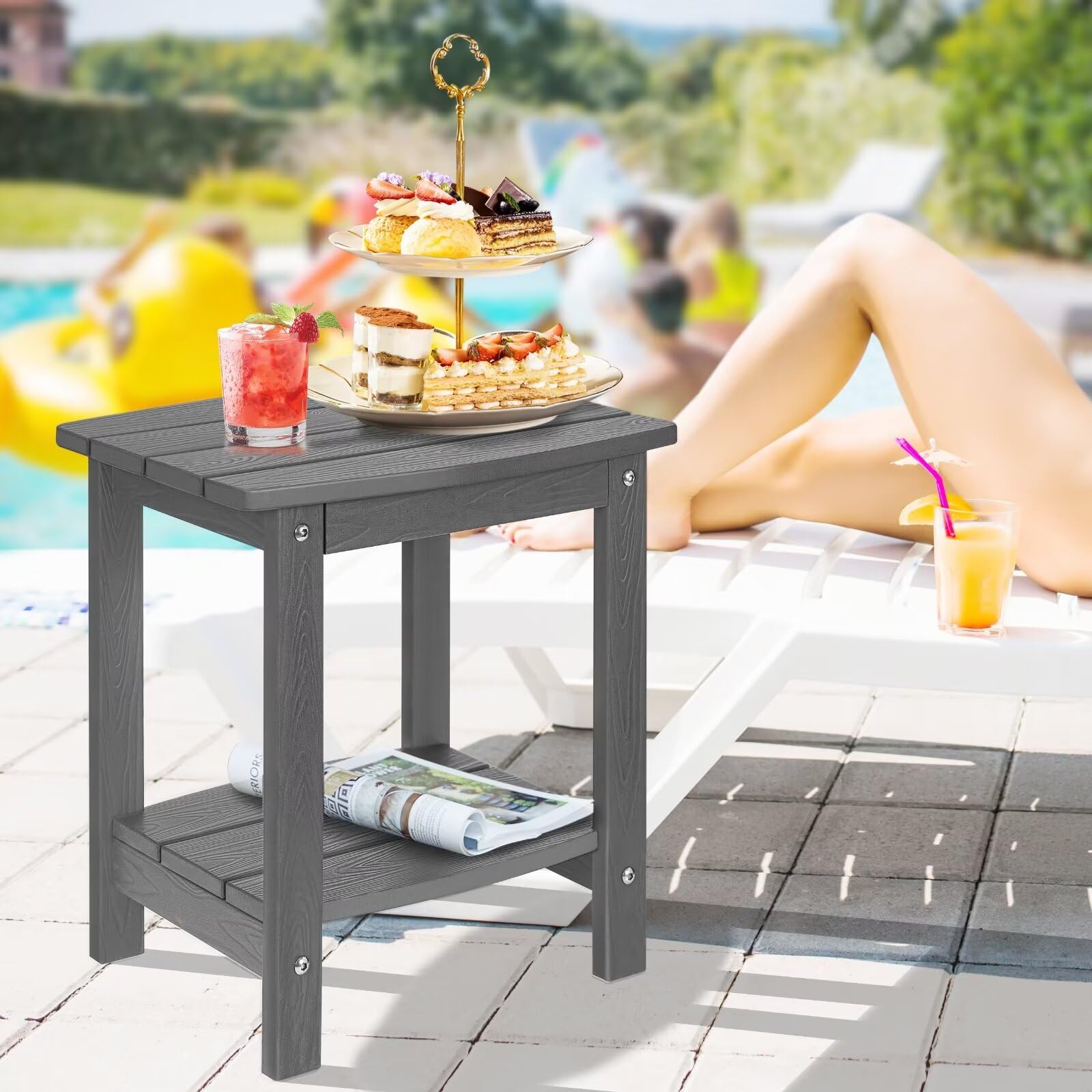 HIPS Adirondack - Mesa auxiliar para exteriores, pequeña de doble capa, impermeable, cuadrada, balcón, mesas auxiliares modernas para patio, piscina, playa, porche, cubierta, uso en interiores o 3