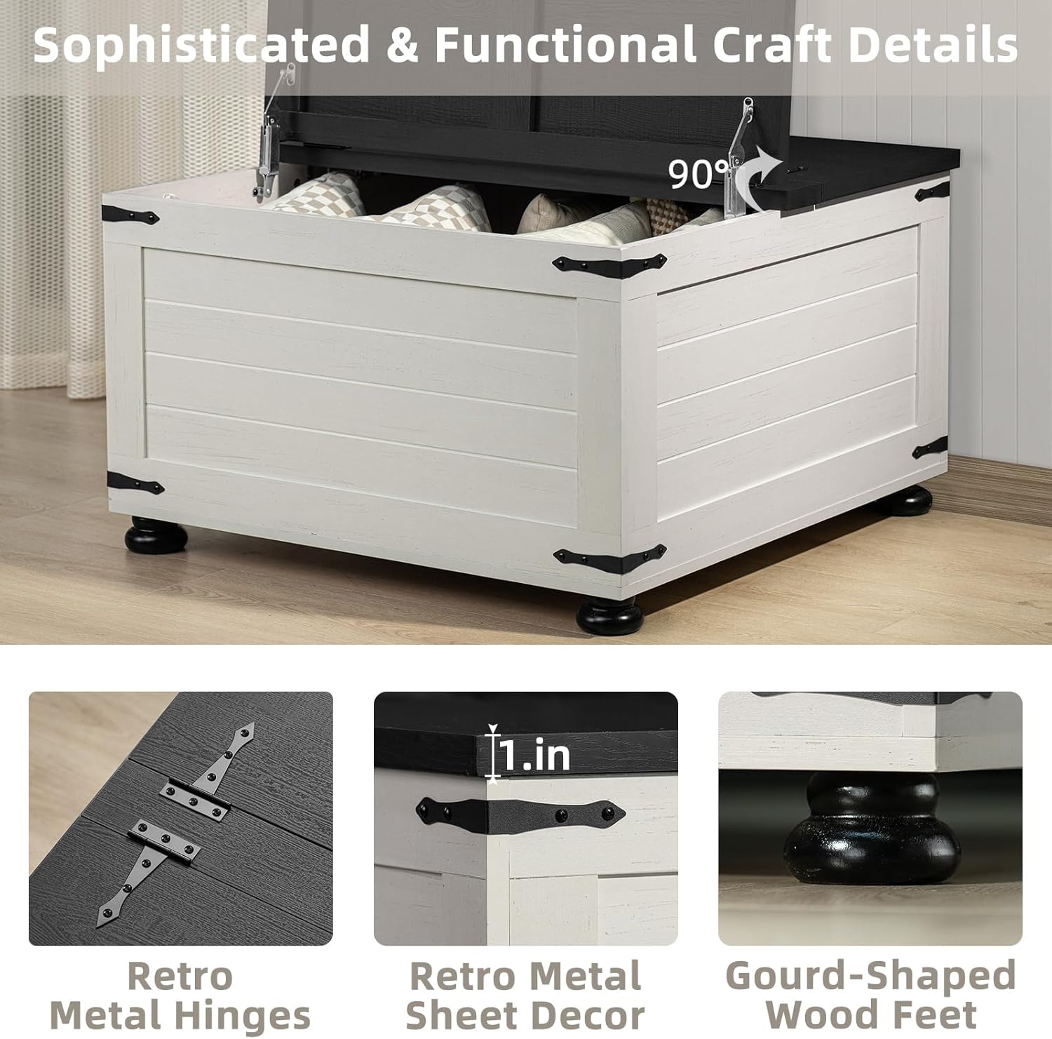 Farmhouse Coffee Table with Hidden Storage, Square Large Center Table for Living Room, Vintage Cocktail Tables with Flip-Top Lids, Farm House Tables with Wood Gourd Feet, Antique White & Black