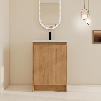 24" Bathroom Vanity with Sink, 24 Inch Freestanding Vanity, Single Resin Sink Floor Stand Bathroom Sink Cabinet with 2 Doors, Imitative Oak Space-Saving for Small Bathrooms