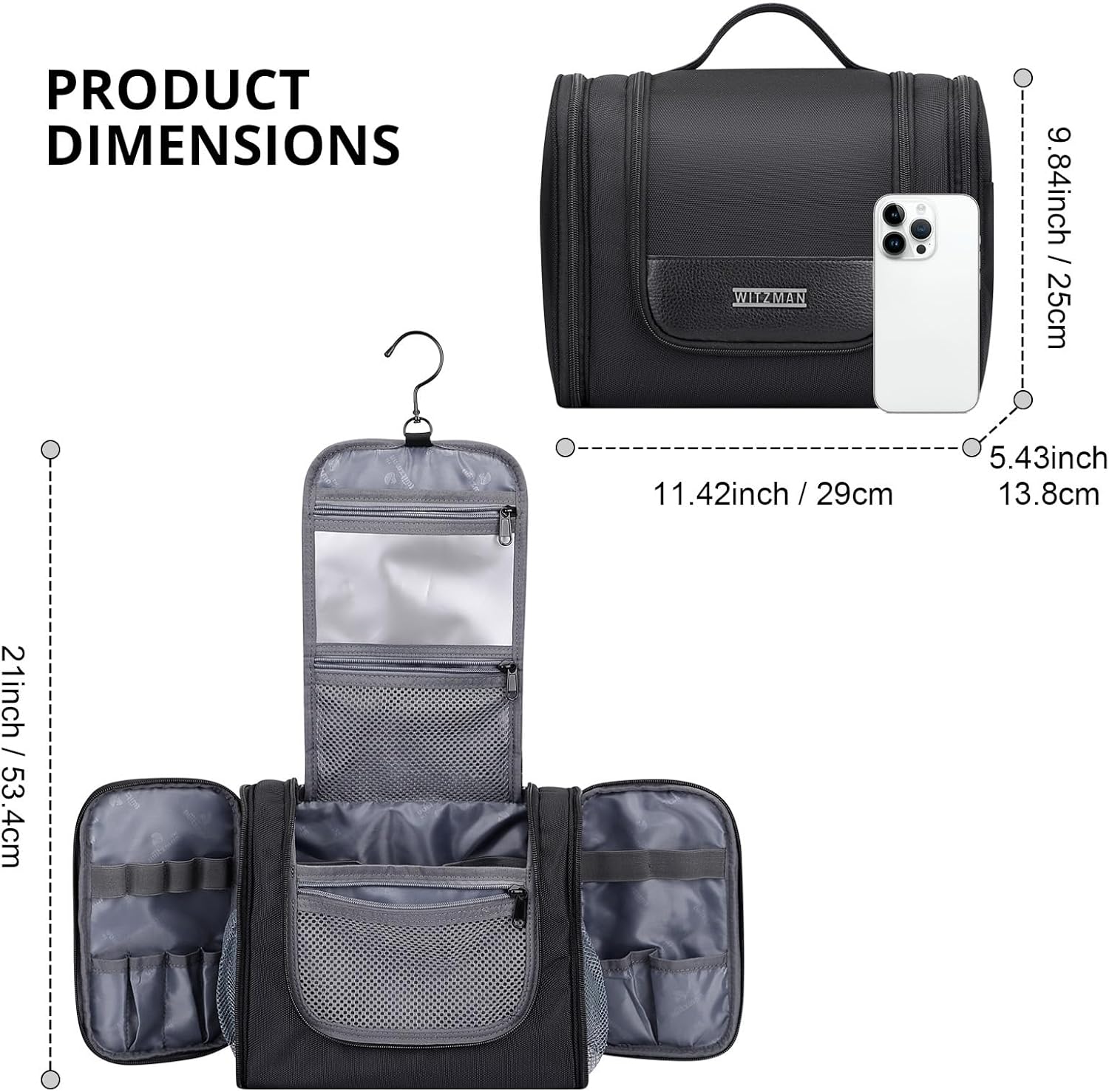 WITZMAN Toiletry Bag for Men Women Large Hanging Multi-organization Bathroom Bag Water-resistant Dopp Kit Shaving Bag Men(B690 Black) - Image 6