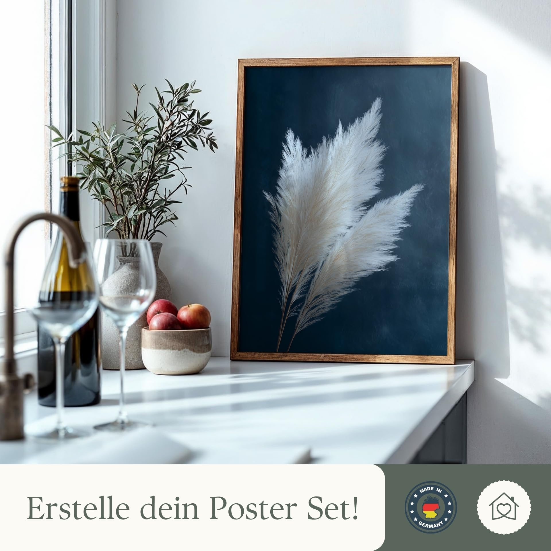 MJ-GRAPHICS® Poster Set Dunkelblau Pampasgras 2x A2 cm mit Rahmen Boho Wandbilder Kunstdrucke modern Bilder Set Wohnzimmer Schlafzimmer Deko Beige Blau Pflanzen