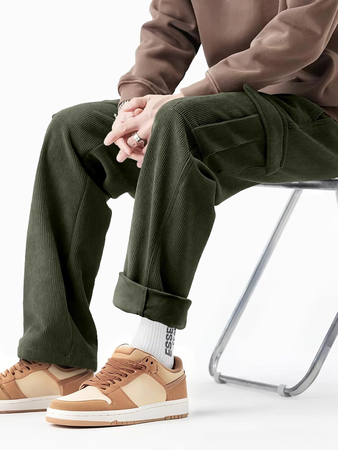 PLEPAN Men's Cargo Corduroy Straight Leg Pants Regular Fit Casual Pants with Pockets Elastic Waist Drawstring Sweatpants - Image 4