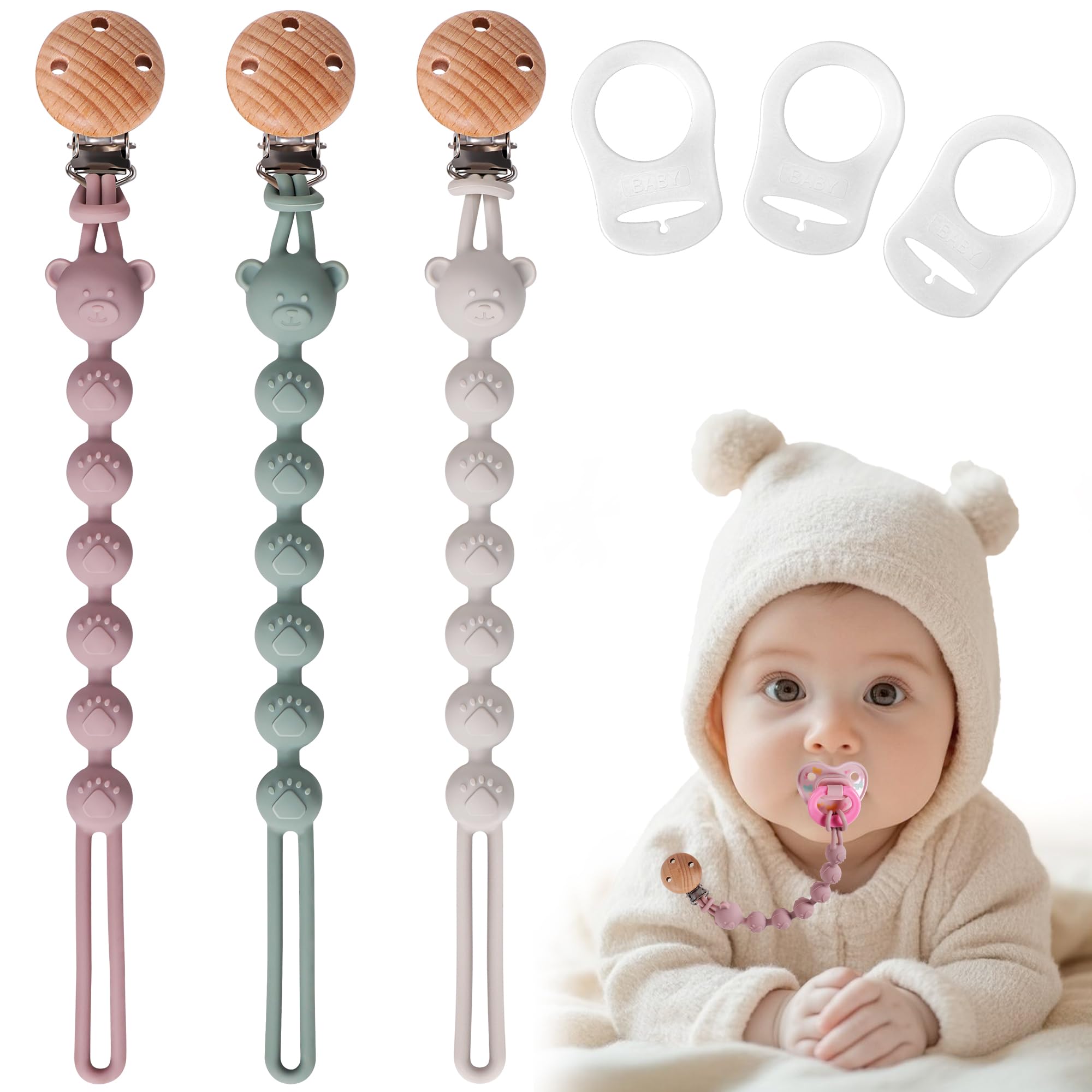 EARLY MINDS 3er-Pack Schnullerketten aus Silikon, Einteiliges Design Schnullerkette für Baby, Schnullerkette Silikon für Mädchen & Jungen, BPA-frei, Elastisch und Robust (Rosa Salbeigrün Hellgrau)