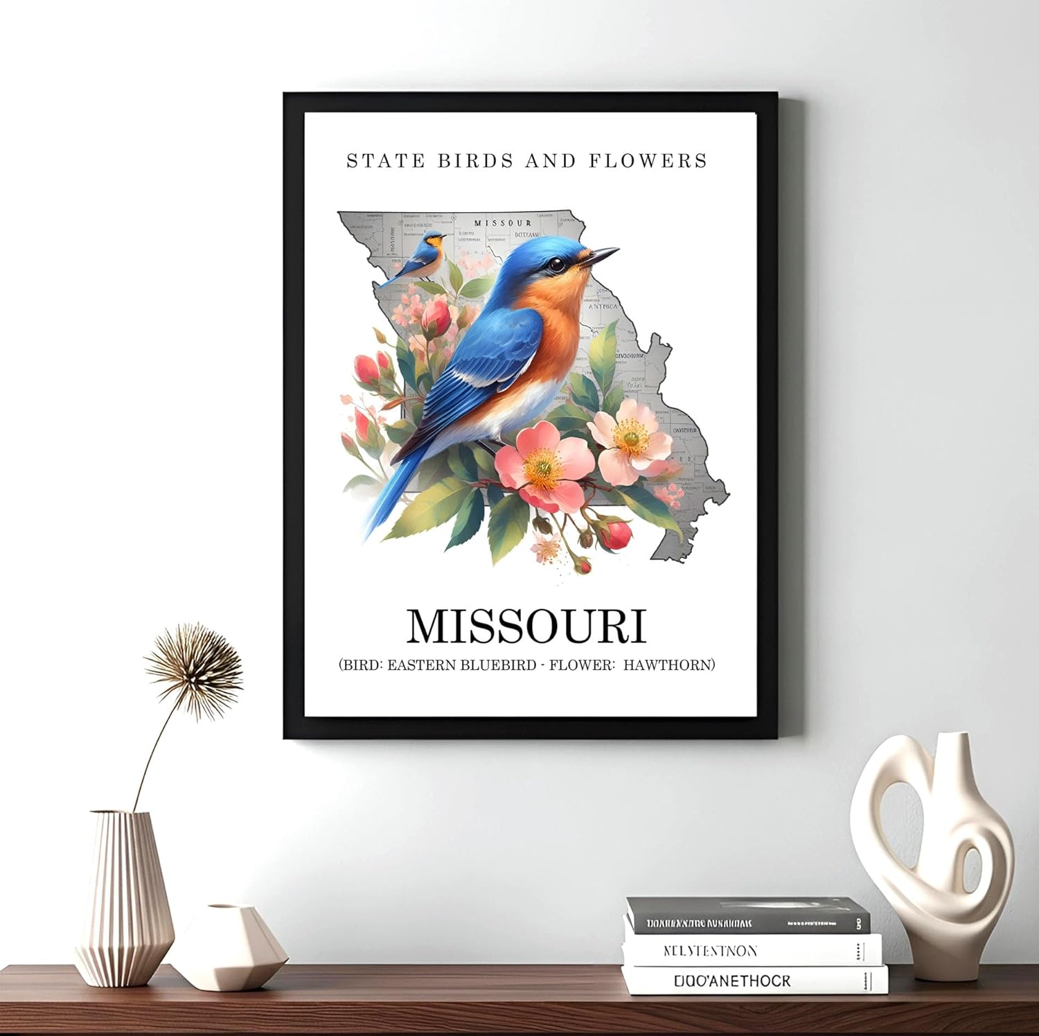Framed U.S. State Bird & Flower Posters, State Flowers, State Birds, State Symbols, Nature Prints, Wildlife and Botanical Artwork, Home & Office Deco (MISSOURI, 7L x5 W, Framed)