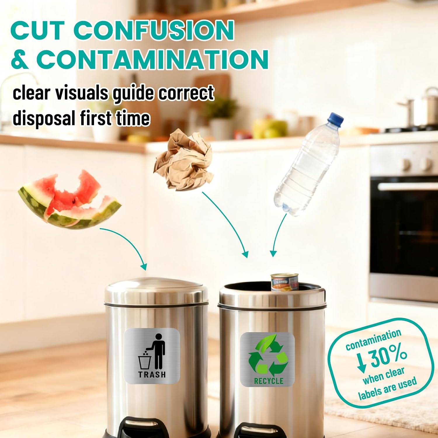 2Pcs 2 Styles Recycle and Trash Stickers Trash Bin Sign Stainless Steel Style Square Plastic Self-Adhesive Waterproof Decals 6.5 Inch for Outdoor Home Kitchen Business Office Waste Bins