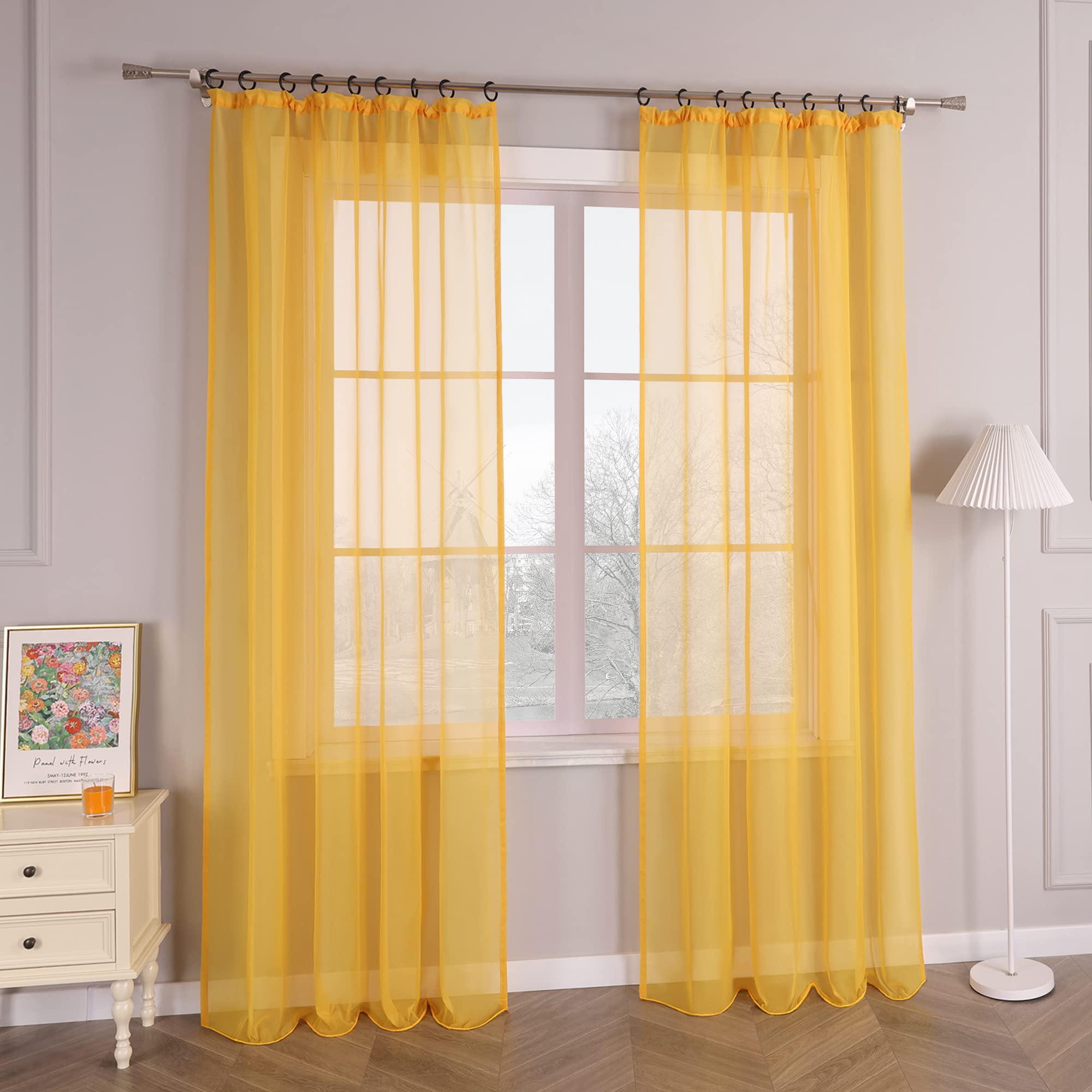 HongYa 1 tenda in voile tinta unita con fettuccia arricciatrice, facile installazione, trasparente, decorazione per finestra del soggiorno, camera da letto, semplice e naturale, giallo H/L 225/145 cm