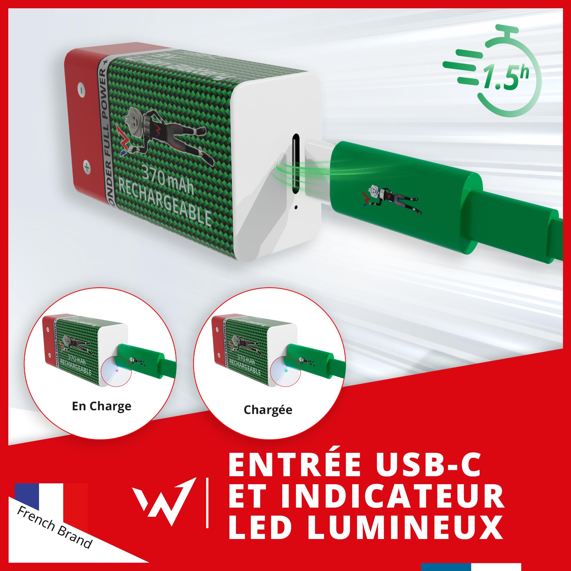 Wonder Full Energy – Piles Rechargeables 9V / 6LR61 – Pack de 2 – 370mAh, 3600mWh – Câble USB-C Inclus – Lithium-ION – Jusqu’à 1000 Cycles – Idéales pour Détecteurs de Fumée, Multimètres, Jouets