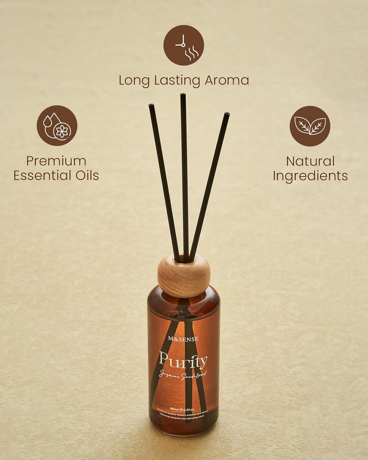 M&SENSE Jasmine Sandalwood Reed Diffuser: 6.3 fl oz Non-Toxic Aroma Set with Sticks, Light & Subtle Fragrance, Long-Lasting Natural Essential Oil Gifts for Bedroom, Shelf Decor & Small Spaces - Image 5