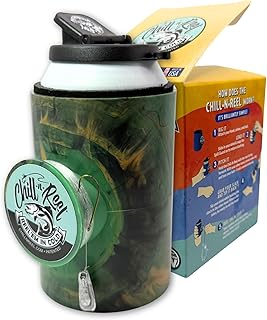 Made in USA | Fishing Can Cooler from Shark Tank | Hard Shell Drink Holder with Hand Line Reel | Fits Most Can Sleeves or Coozies | Unique Fishing Gift for Men | Retail Box Packaging | Camo