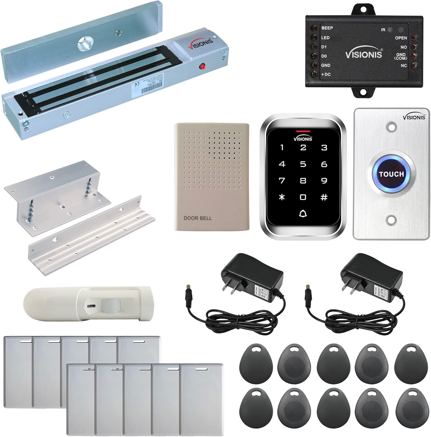 Visionis FPC-5285 One Door Access Control in Swinging Door 600lbs Maglock with VIS-3000 Outdoor Keypad/Reader Standalone with Mini Controller + Wiegand 26, No Software, EM Card, 1000 Users + PIR Kit