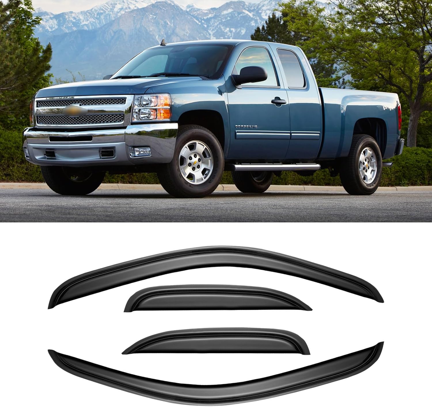 Window Rain Guards for 2007-2013 Chevy Silverado & GMC Sierra 1500 for Extended Cab, Window Visor Vent Wind Shade Deflector Shield Protector Sun for 07-14 Silverado & Sierra 2500 HD/ 3500 HD, Tape-on For 07-14 Silverado & Sierra Extended Cab