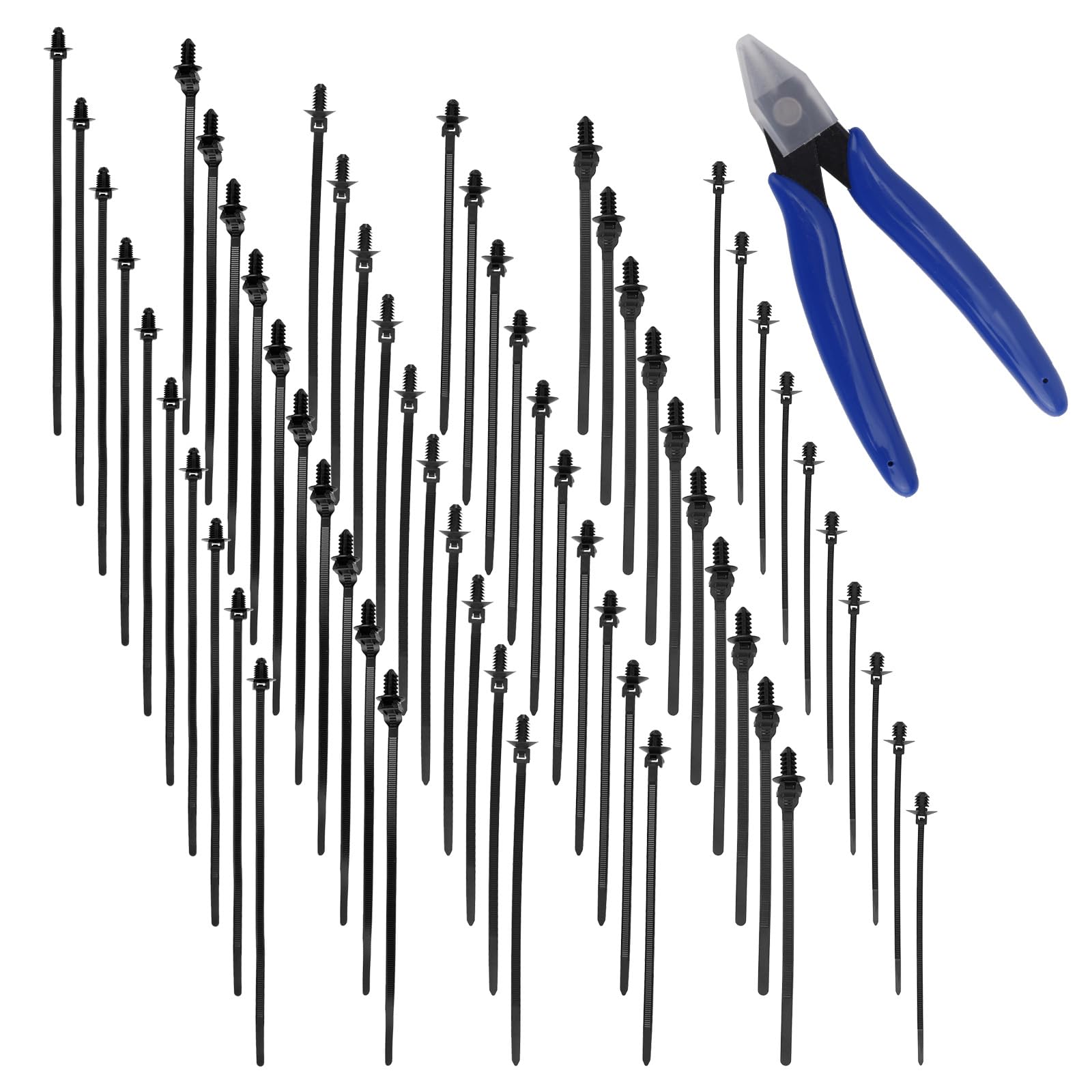 60pcs Nylon Push Mount Zip Ties with Diagonal Pliers, 6 Types Automotive Cable Ties Buckle Snap-in Wire Harness Clips High Temp Heat Resistant Black Fasteners
