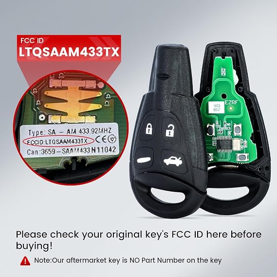 Beefunny Remote Key Fob Replacement for Saab 9-3 9-5 2003 2004 2005 2006 2007 2008 2009 2010 2011 Smart Entry Car Remote Control KeyFob 4 Buttons 433MHz FCC ID: LTQSAAM433TX