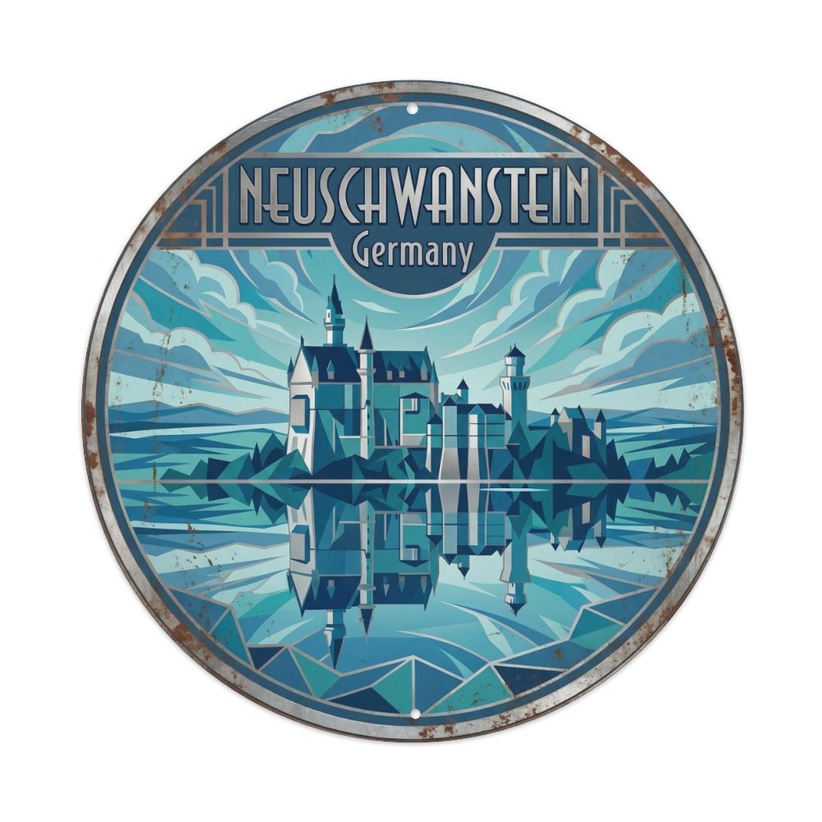 Vintage Travel Neuschwanstein Germany Alpine 1 Metal Tin Sign Plaque Wall Decor for Cafe, Club, Garden Round Metal Poster 8x8Inch