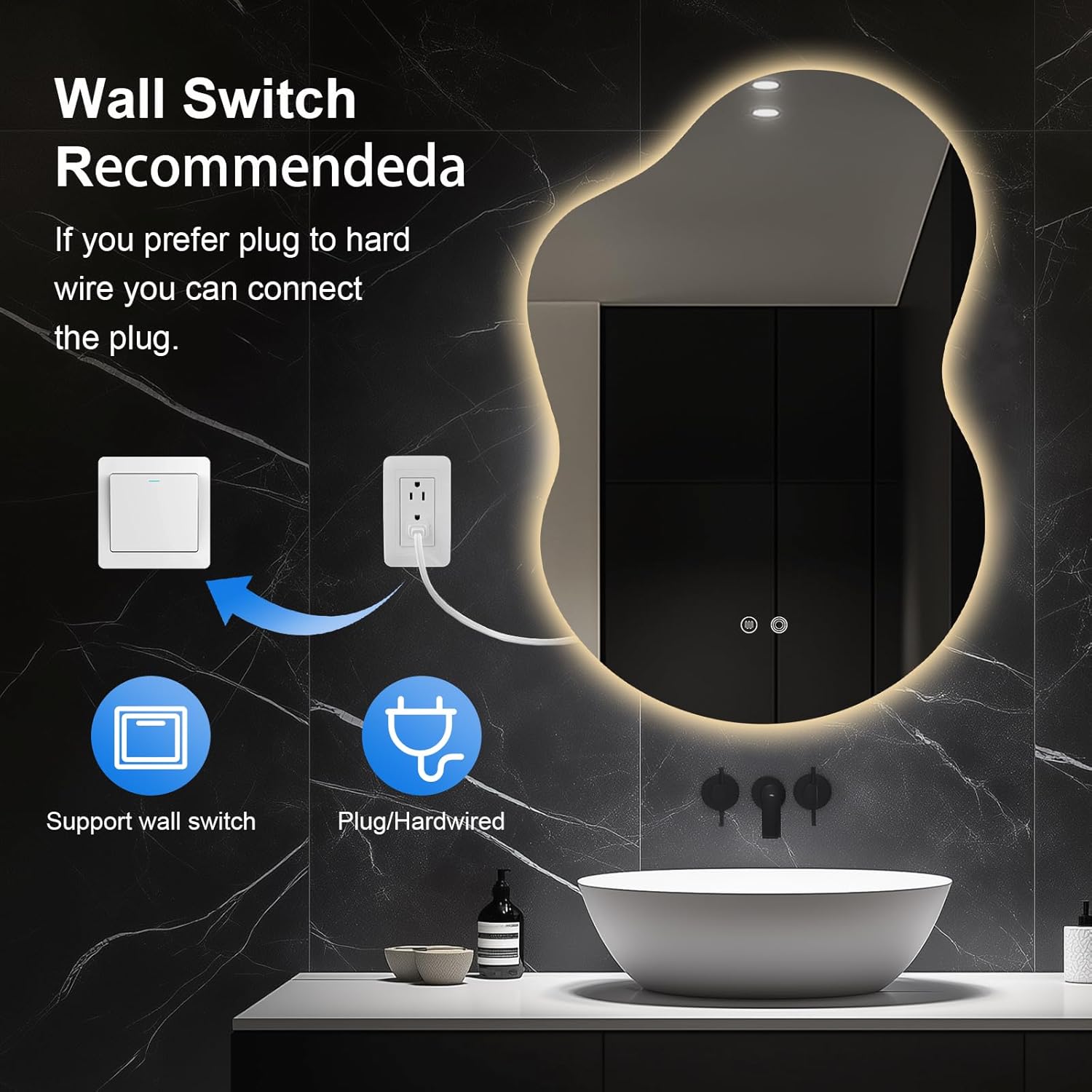 Asymmetrical Lighted Mirror for Bathroom,Modern LED Vanity Mirror with Backlit,Fog-Free,Tri-Color Dimmable Lighting with Memory Function,Hardwire Ready [Horizontal/Vertical] 40" H x 30" W