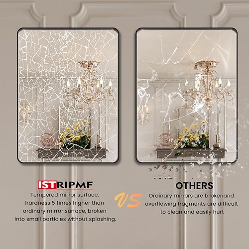 Miniatura 6 de ISTRIPMF Espejo de tocador de baño negro de 28 x 36 pulgadas, espejo rectangular redondeado negro mate para pared de baño, vidrio templado,