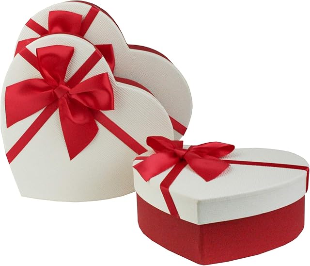 Emartbuy Set of 3 Rigid Heart Shaped Presentation Gift Box, Textured Red Box with White Lid, Polka Dots Interior and Satin Bow Ribbon