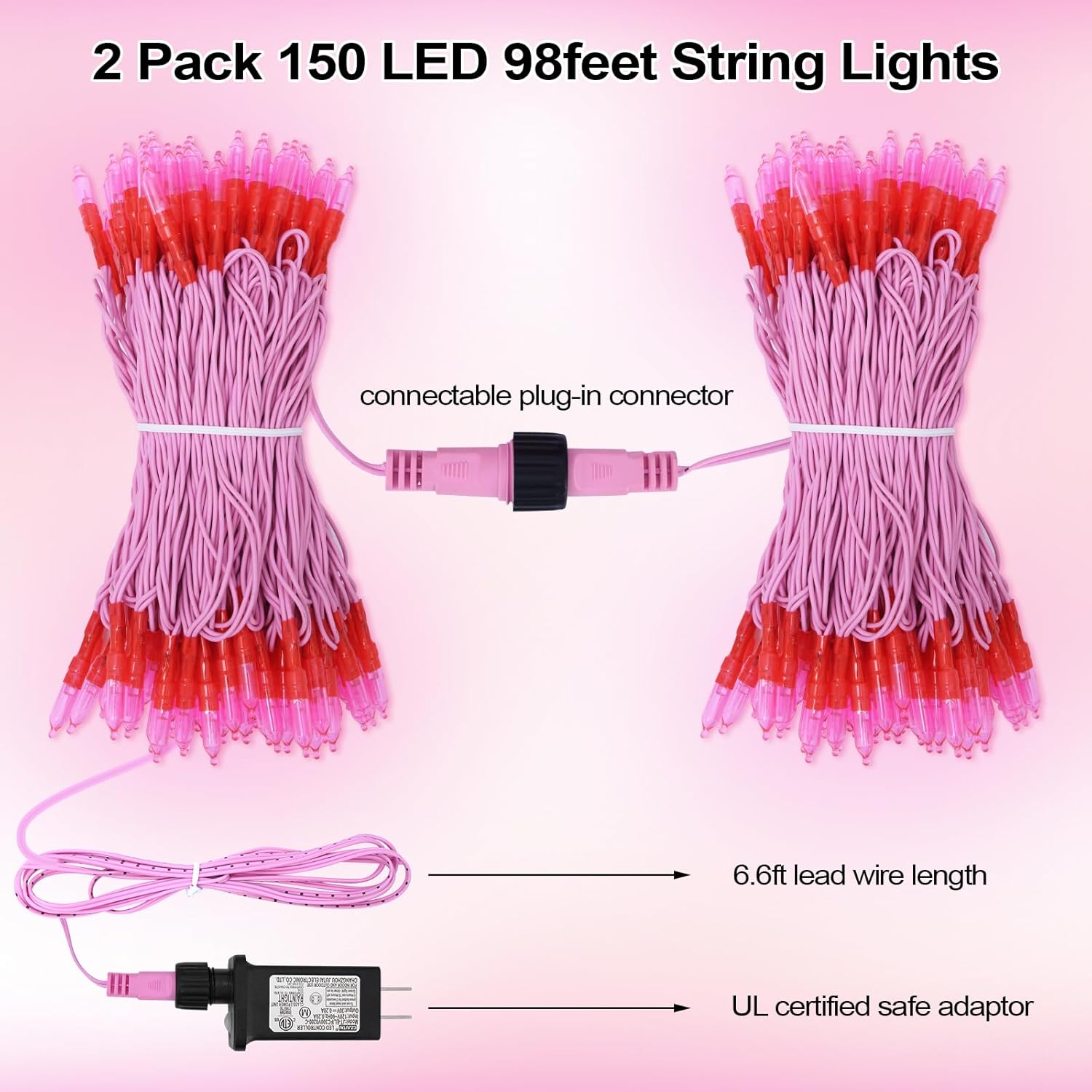 ILLUMINEW Christmas Lights - 98ft 300 Count Connectable Waterproof Led Fairy Lights Bulbs for Indoor Outdoor Christmas Tree Wedding Valentine's Day Decor (Pink, 150 Count - 2 Pack) - Image 2
