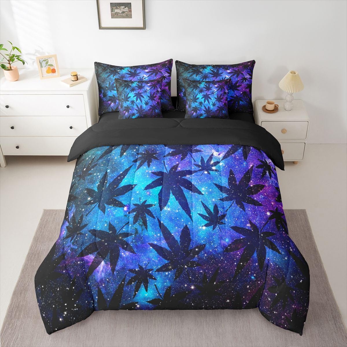 Erosebridal Leaves Queen Size Comforter Set, Galaxy 7-Piece Bed in A Bag, Purple Blue Sheets and Pillowcases, Women Men Youth Bedding Set Room Decor