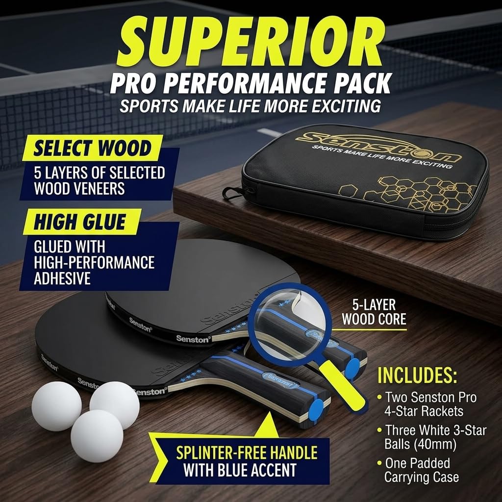 Senston Tischtennis Schläger Set, Profi 2 Tischtennisschläger und 3 Tischtennis-Bälle, Ideal für 2 Spieler