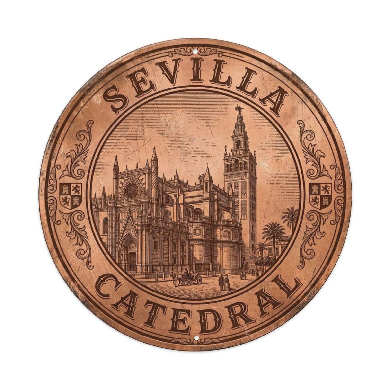 Vintage Travel Seville Spain Metal Tin Sign Plaque Wall Decor for Cafe, Club Bar, Office, Home Garden Round Metal Poster 8x8Inch