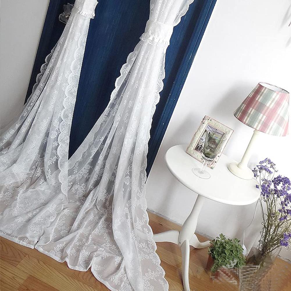 SERENEPEAK Short Curtains, Lace Window Curtains Valance in Cream White, Sheer Voile Cafe Curtains Wave Curtains Drapes,2 Pieces(WxH 75x150cm/29.5x59inch)
