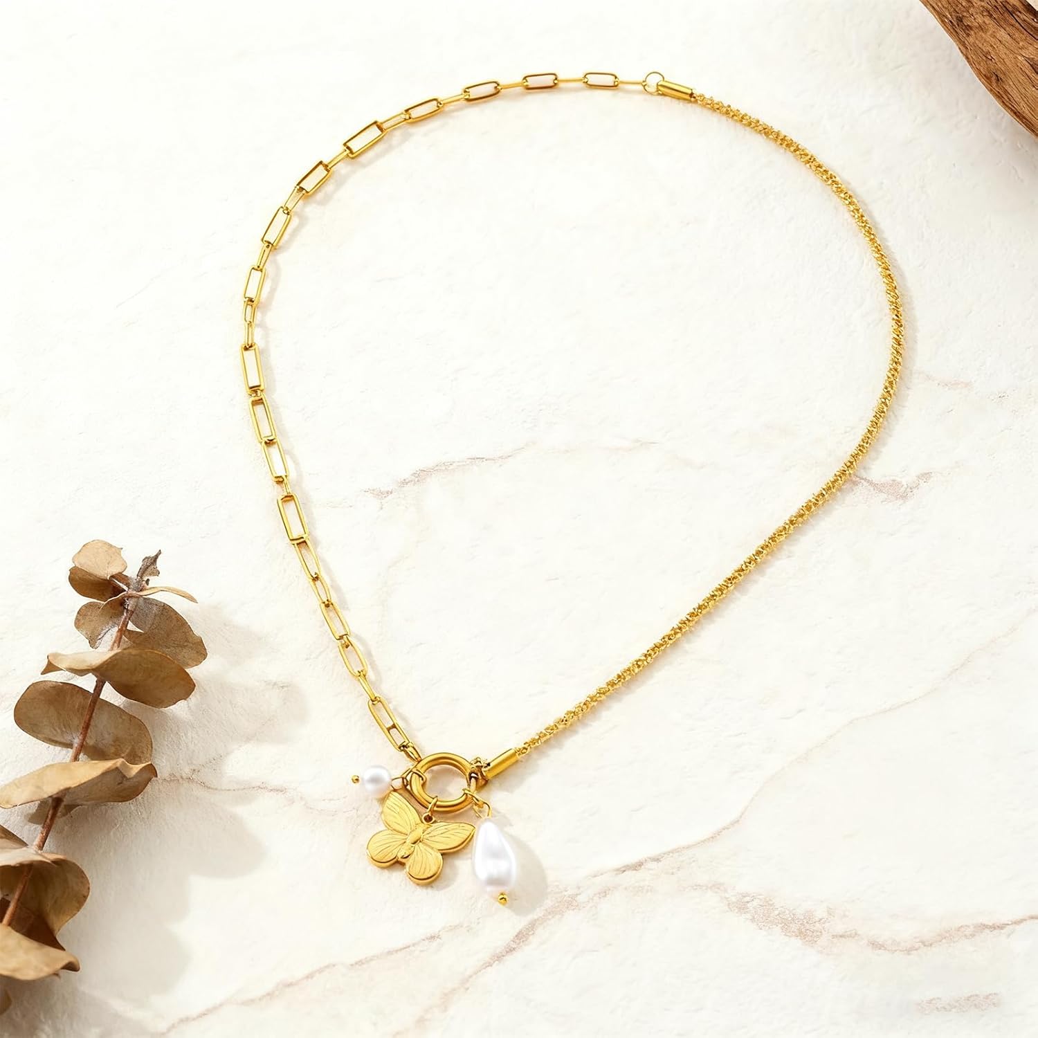 Boho Gold Plad Stainless Steel Butterfly Pendant Charms Necklace for Women,Pearls Bead Charms Holiday Chain Jewelry Choker Necklace for Casual - Image 4