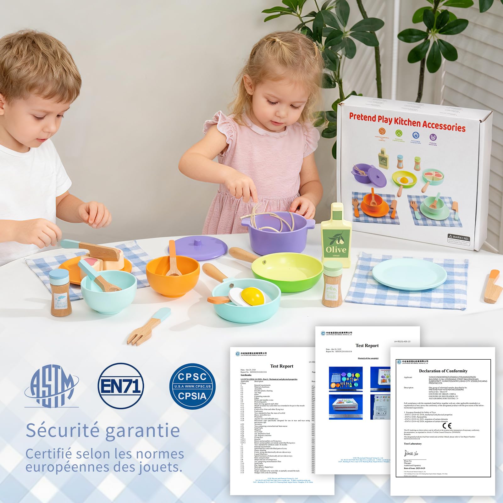 Jouet Dinette en Bois,Accessoire Cuisine Enfant,Kit de Cuisine Enfant Montessori,Bois Pots Casseroles Jouet ,Jeu de Rôle pour Filles Garçons 3 4 5 6 Ans Cadeau Anniversaire Noël