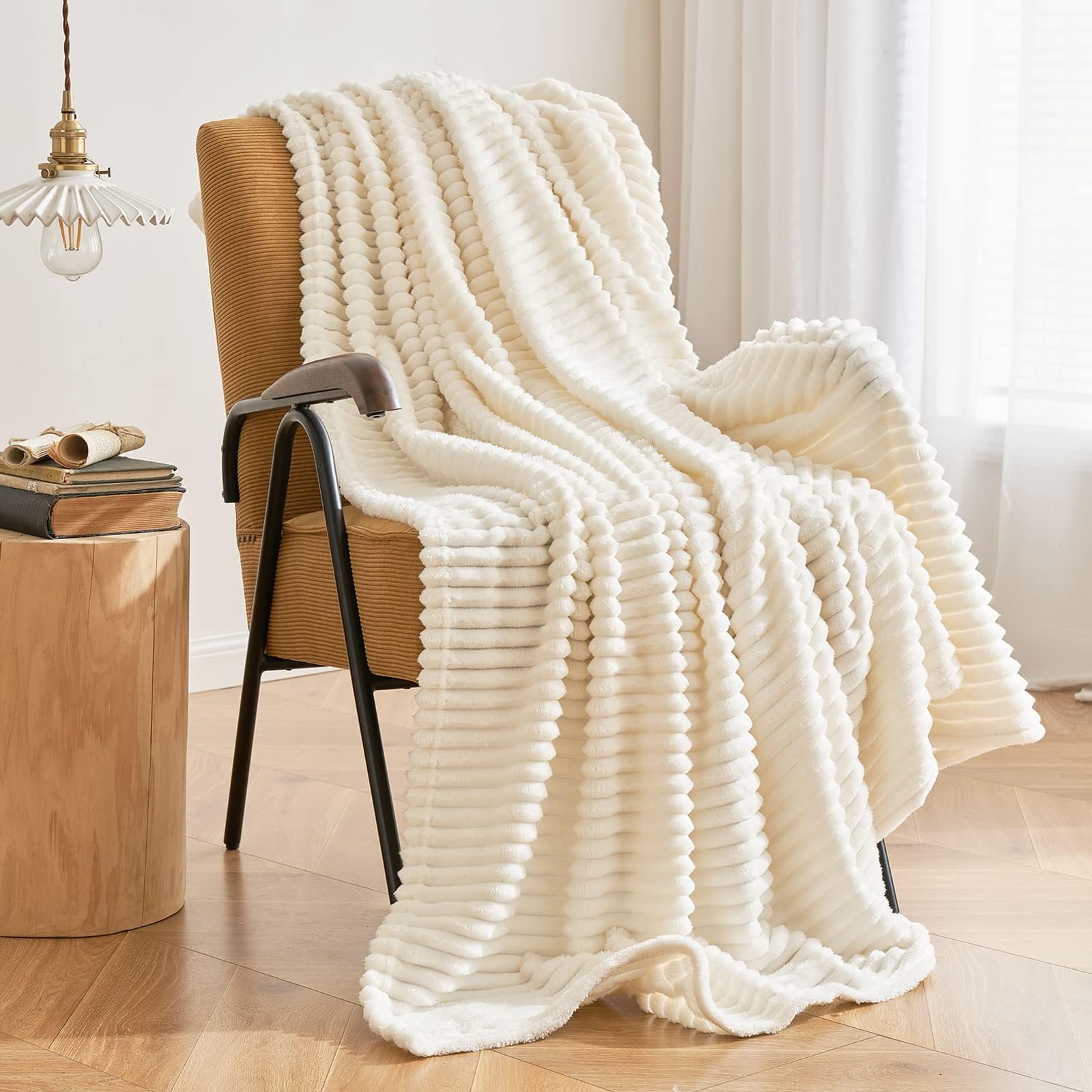 MIULEE Cream White Throw Blanket 3D Ribbed Jacquard Fleece Flannel Velvet Plush Decorative Bed Blanket (Throw, 50" x 60") - Super Soft, Lightweight, Warm and Cozy for Couch Sofa, Home Decor