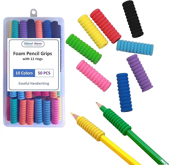 OSteed 50 Pcs Foam Pencil Grips of 11 Rings for Kids and Adults Handwriting, 10 Colours Pencil Holder Grips for Relieving Fingers