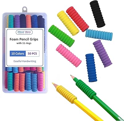 OSteed 50 Pcs Foam Pencil Grips of 11 Rings for Kids and Adults Handwriting, 10 Colors Pencil Holders for Relieving Finger...