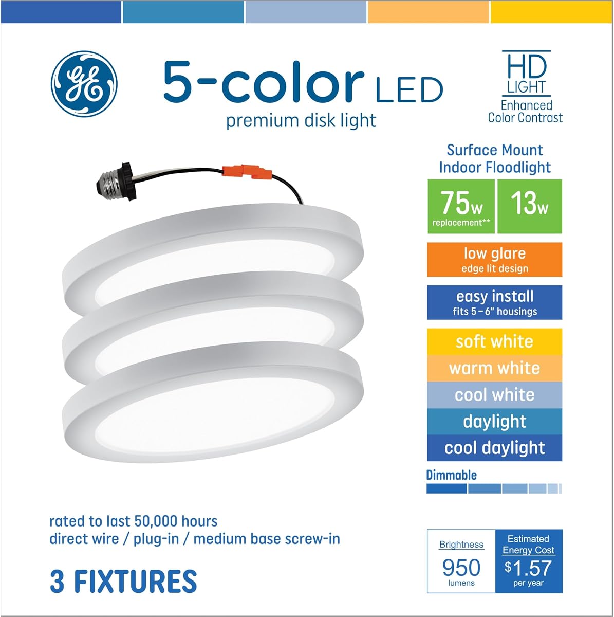 LED Surface Mount Indoor Floodlight, 15W, 5-Colors (3 Pack) | Color selectable tunable white, indoor ceiling light fixture, bedroom living room, 3 pack, 15W LED, easy install