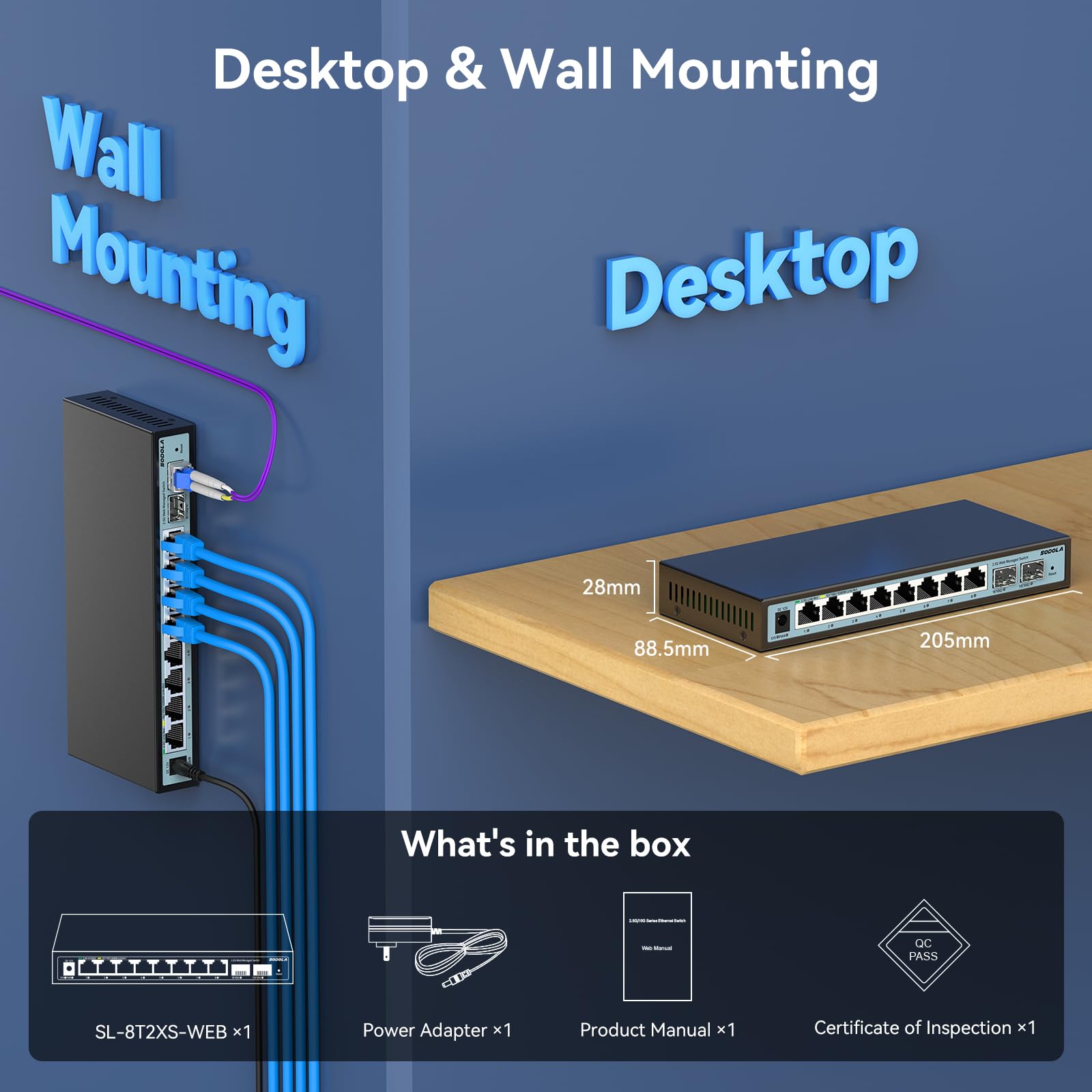 SODOLA 10 Port 2.5Gb Web Managed Switch, 8 x 2,5Gbit Base-T-Ports, 2 x 10G SFP+, Lüfterloser Multi-Gigabit Ethernet-Switch für Wireless AP, NAS, PC