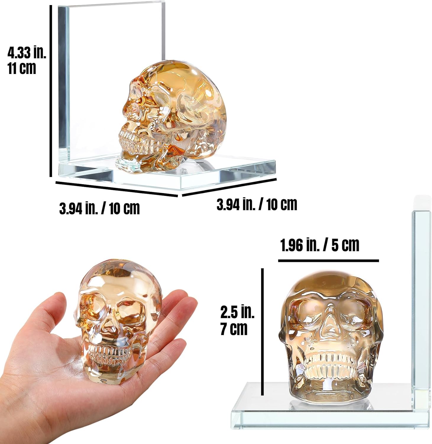 1 Pair Glass Book Ends with Golden Crystal Skull L Shape Non-Skid Decorative Bookends for Bookcase or Bookshelf Apartment for Normal Bookshelves Living Room Office Home Decor