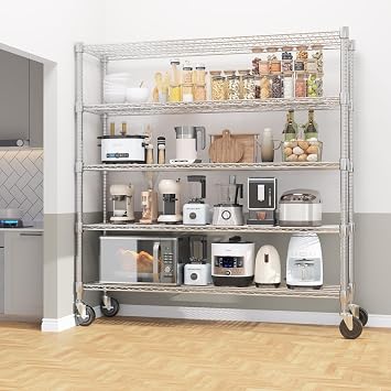 Homdox 5 Tier Heavy Duty Metal Wire Shelving with Wheels, 3000 lbs Capacity Garage Storage Rack, Rolling Industrial Storage, Adjustable Commercial Shelves for Kitchen, Warehouse, 18x60x82, Chrome