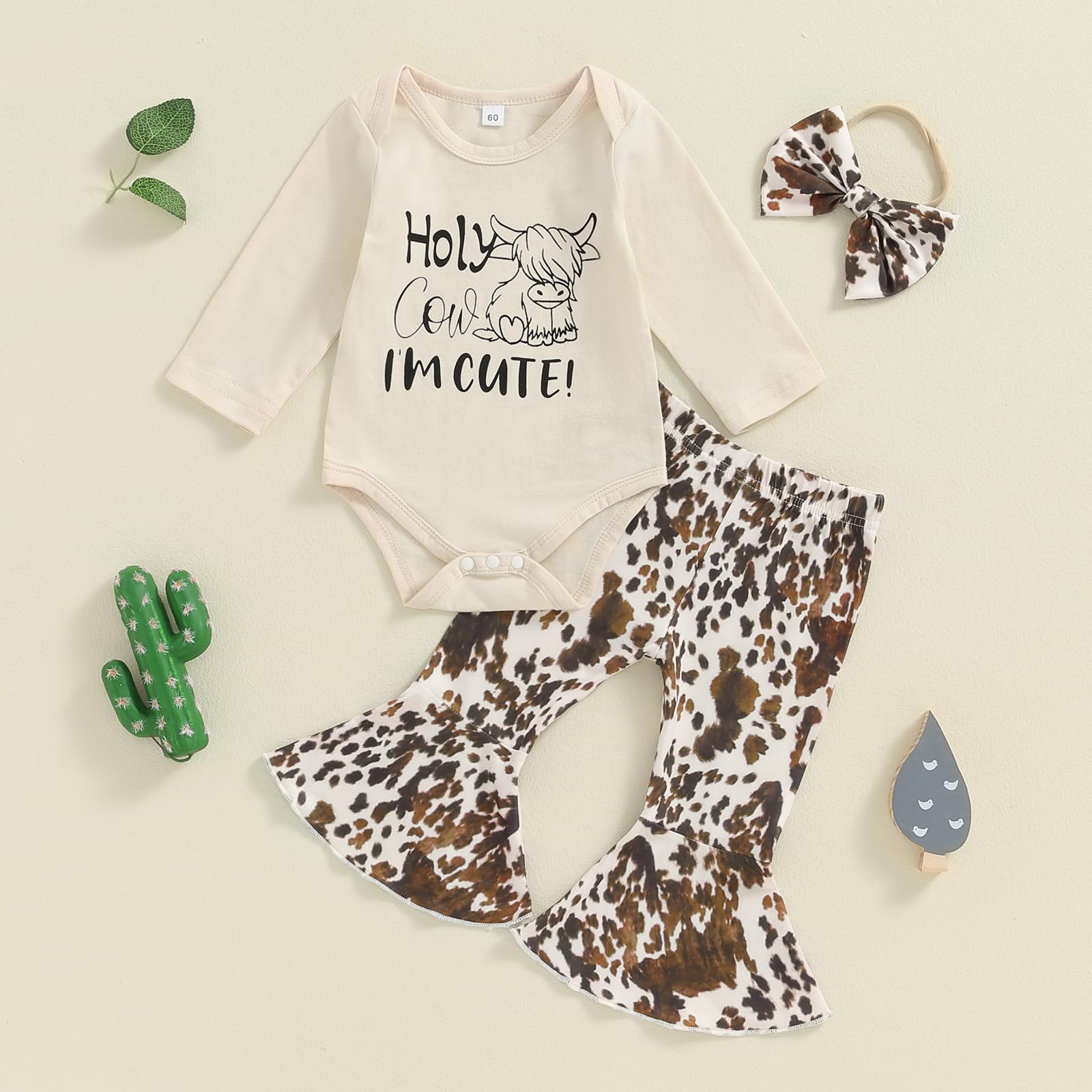Chloefairy Western Baby Girl Fall Clothes Holy Cow I'm Cute Romper Bell Bottoms Flare Pants Set 3Pcs Infant Cowgirl Outfit (Ivory, 3-6 Months)