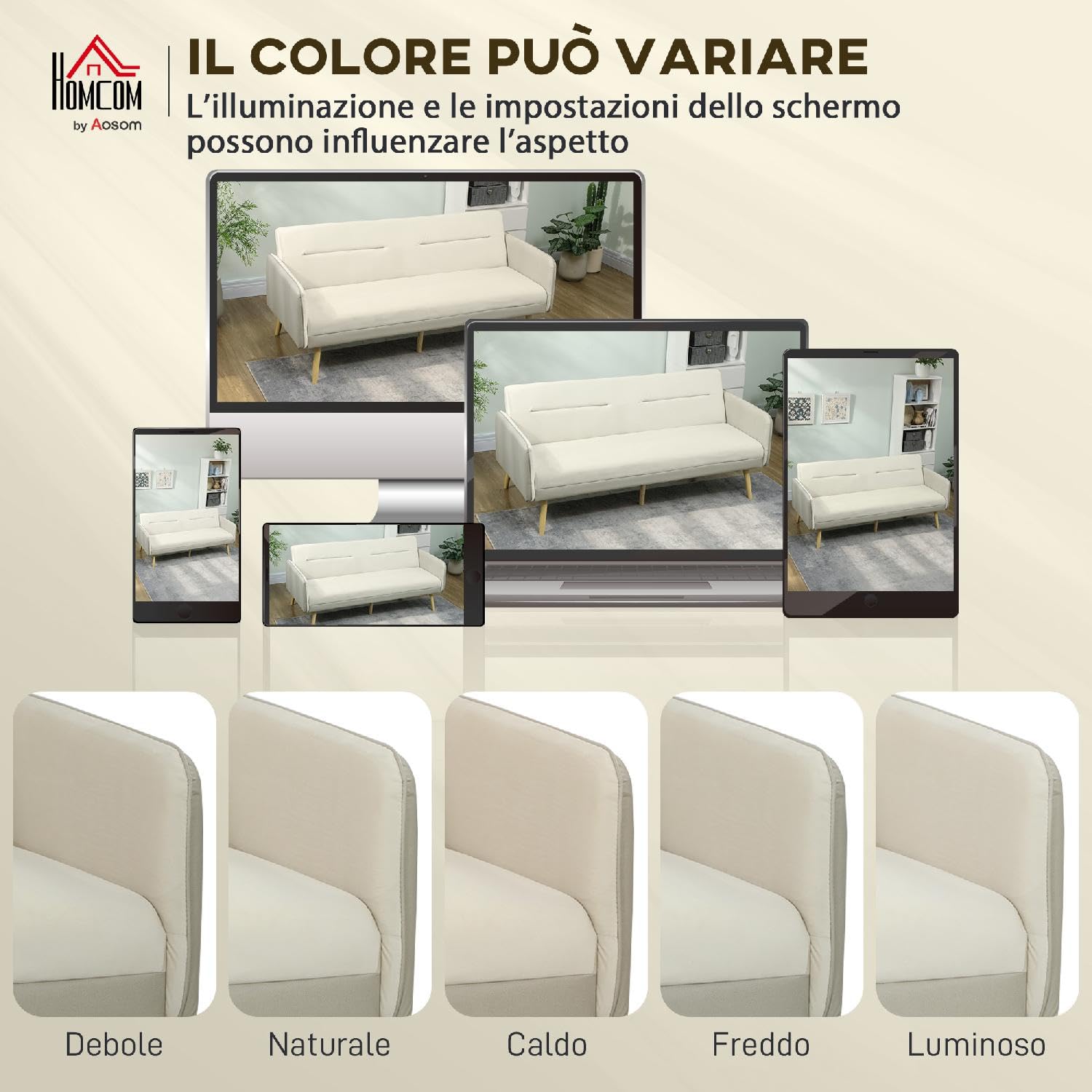 Divano Letto 3 Posti Clic Clac Stile Scandinavo in Tessuto Effetto Velluto 185x84x83 cm Colore Beige
