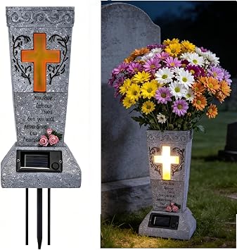 Solar Cemetery Vase for Grave Decor - Waterproof Memorial Flower Holder with LED Cross Light - Sympathy Gifts for Loss of Loved One, Cemetery Decorations for Fresh or Artificial Flowers