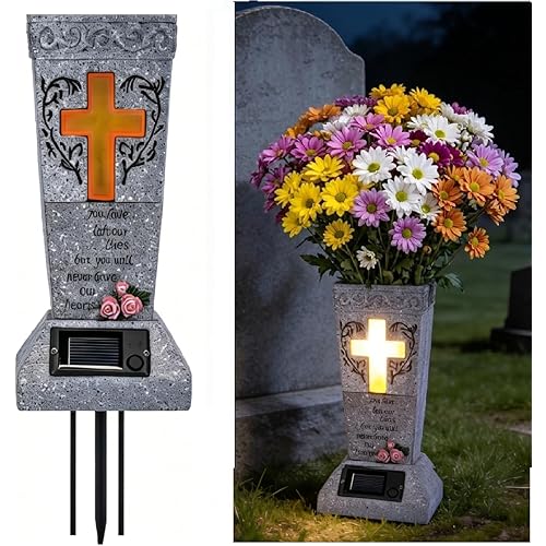 Solar Cemetery Vase for Grave Decor - Waterproof Memorial Flower Holder with LED Cross Light - Sympathy Gifts for Loss of Loved One, Cemetery Decorations for Fresh or Artificial Flowers