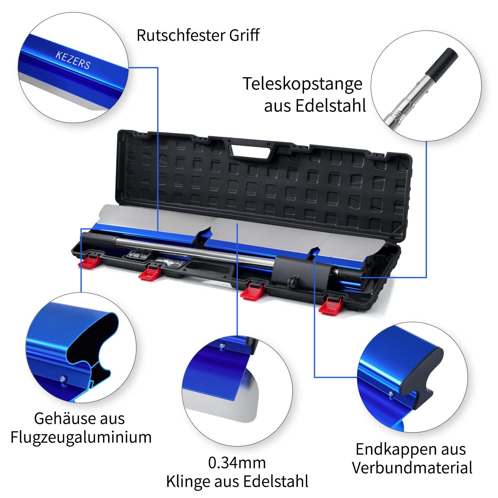 KEZERS Flächenspachtel Set 4-teilig (20 30 40 80cm) | Spachtel Werkzeug im Koffer, Ergonomischer Griff, Teleskopstange, Zum Verputzen von Wänden und Decken
