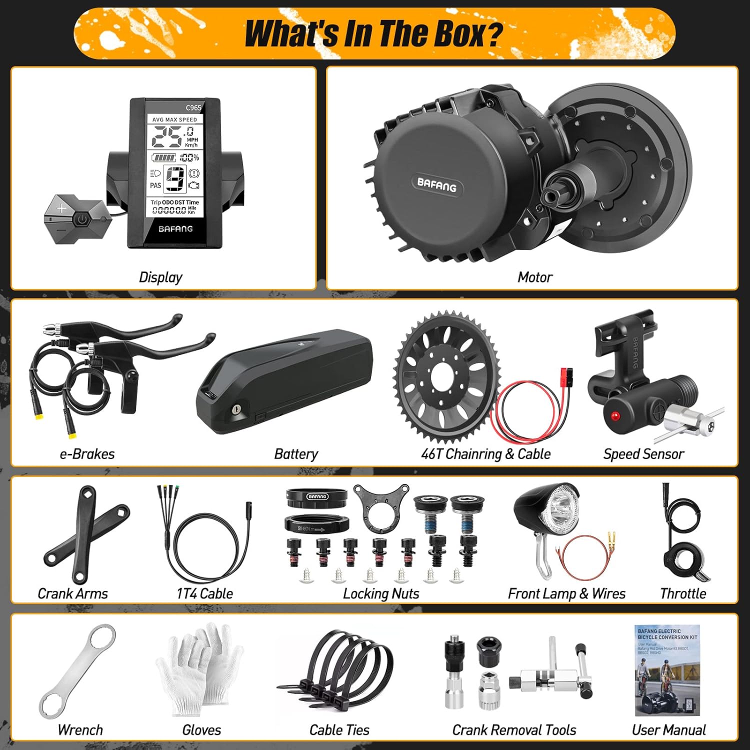 BAFANG 48 V 1000 W eBike Conversion Kit BBS01B Electric Bicycle Conversion Kit Including Motor, eBike Display, Speed Sensor, Throttle Lever, Crank Arm and Brakes (20Ah Battery)