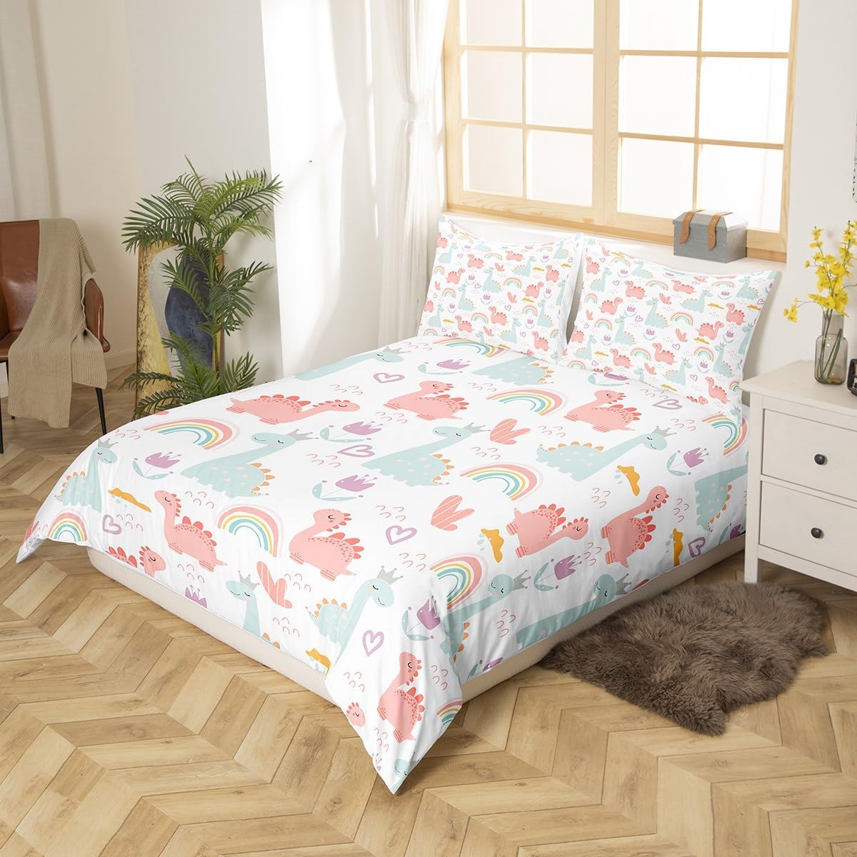Feelyou Cartoon Dino Duvet Cover Twin, Pink Green Dinosaur Comforter Cover Cute Jungle Dino Bedding Set for Kids Boys Girls Cute Rainbow Bedspread Cover Breathable Bedclothes (No Comforter)