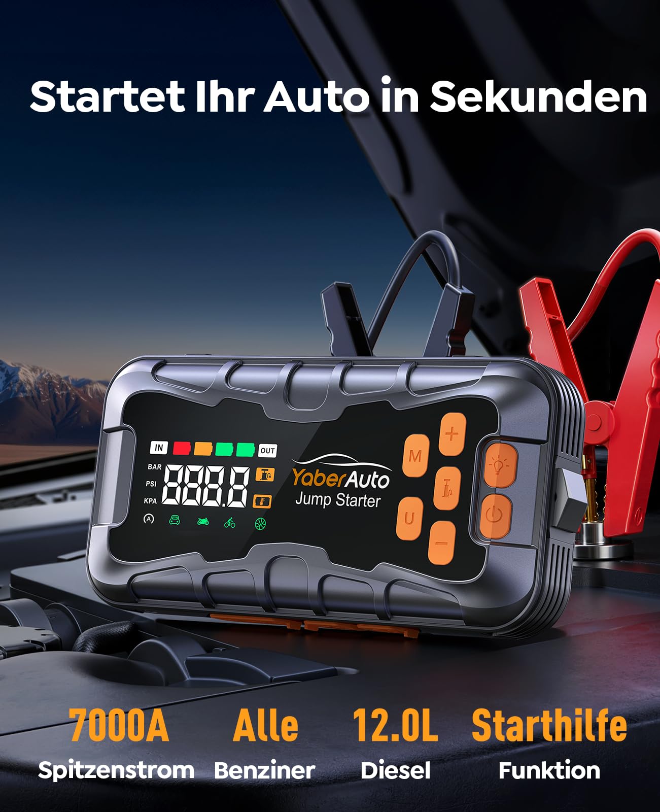 16 in 1 7000A Starthilfe Powerbank für Pkw mit Kompressor 160PSI, 27000mAh Auto Starthilfe für All Benziner und 12.0L Diesel, Starthilfe mit 800 Lumen 4 Modi Licht, Nothammer und Notfall Werkzeugset