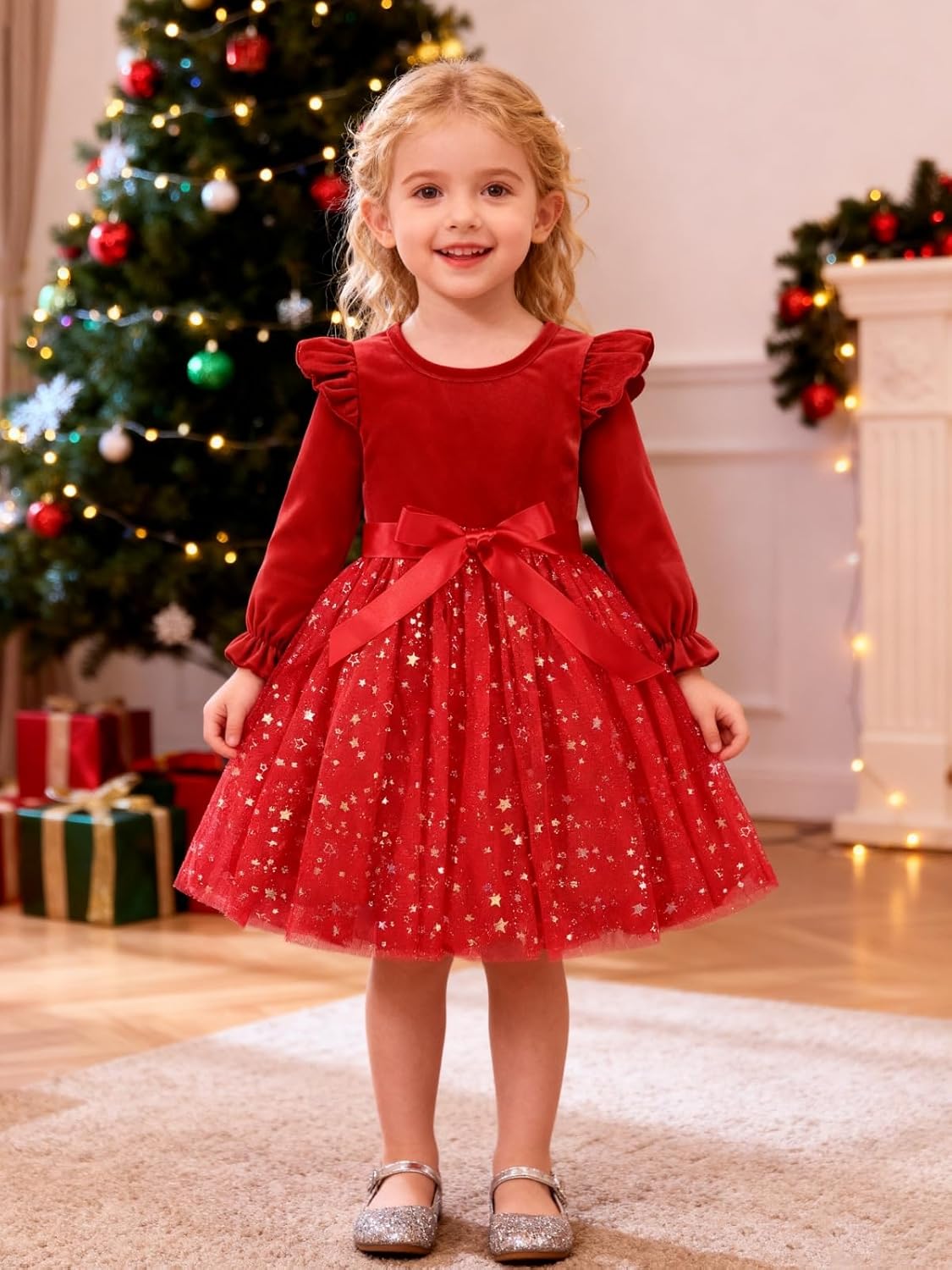 Patgoal Toddler Girls Tutu Dresses Velvet Tulle Dress with Sequin Long Sleeve Holiday Party Fall Winter Dress 2-7Y - Image 9