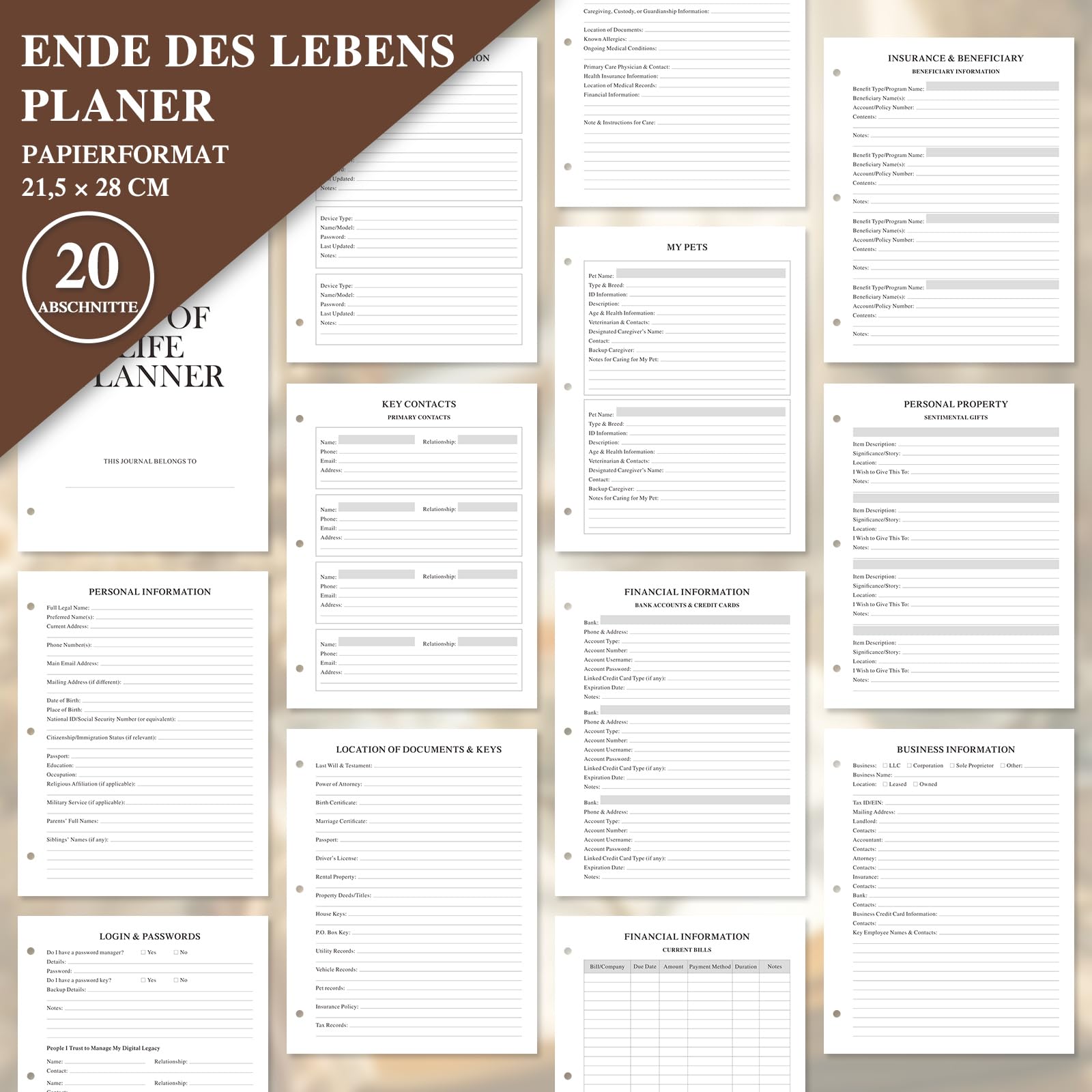 Lanpn Nachlassordner zum Lebensende – End of Life Binder, Todesfallplaner mit 8 Trennblättern & 10 Zipper Taschen, Alles Wichtige an einem Ort: Dokumente, Wünsche & Finanzen, Schwarz, Englisch