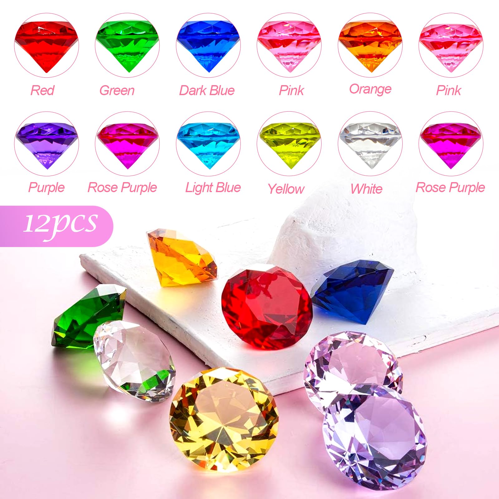 Akrylowe diamenty, 12 sztuk kamieni szlachetnych dla dzieci w pudełku prezentowym, akrylowe diamenty dekoracyjne, kryształki diamentowe, przezroczyste kamienie szlachetne do rzemiosła, na imprezę, do