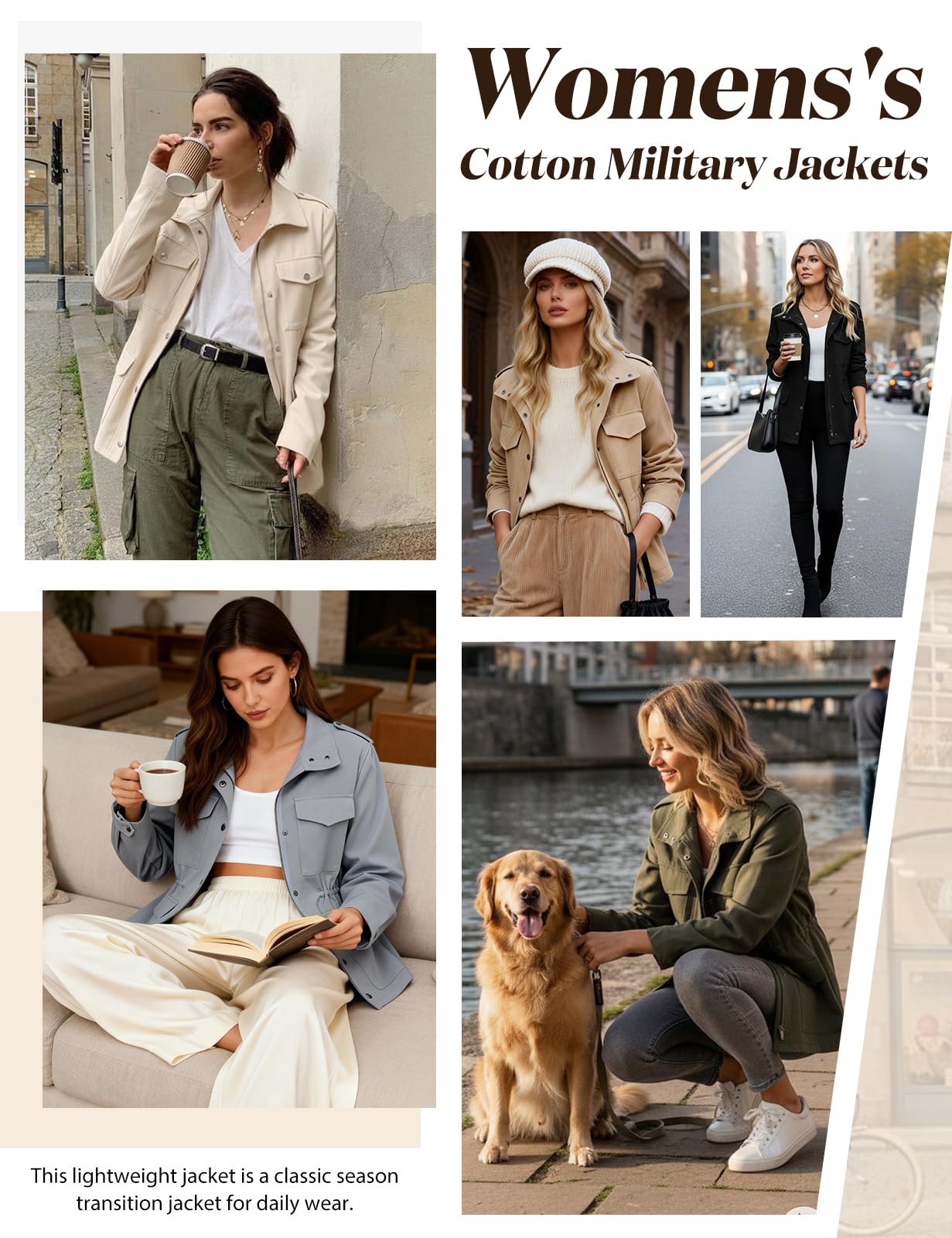 Tuopuda Veste Femme mi Saison Vestes Militaires Légères en Coton Taille haute Cordon Manteau court Parka printemps-été