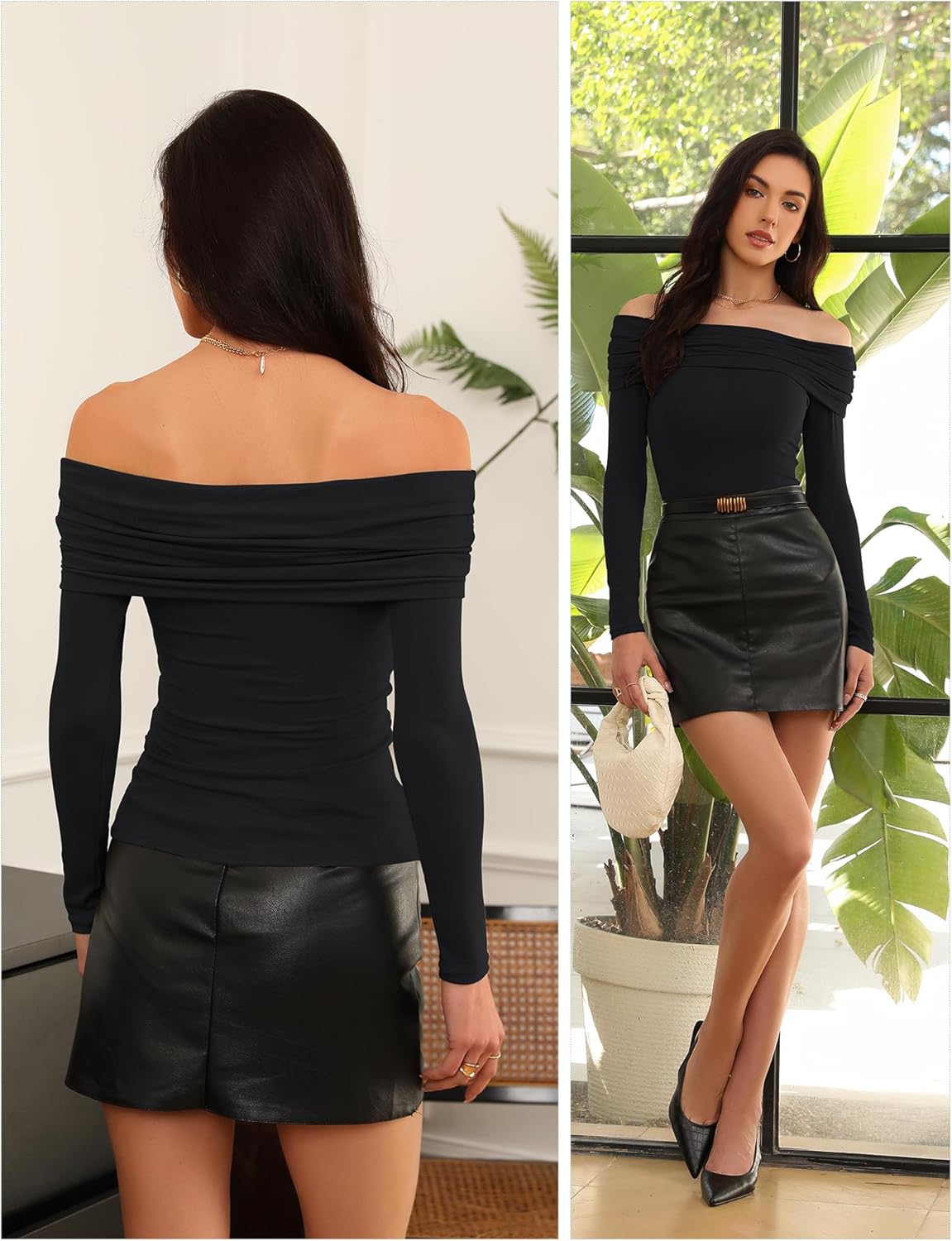 Womens Off Shoulder Tops Slim Fit Long Sleeves Spring Fall Blouse Sexy Going Out Nightout Shirt - Image 5