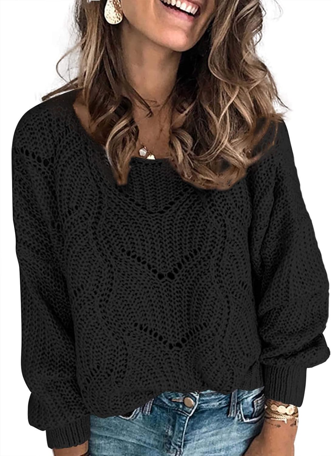 Dokotoo Womens 2023 Cute Elegant Soft Crewneck Long Sleeve Hollow Cable Knit Pullover Sweaters at  Women’s Clothing store