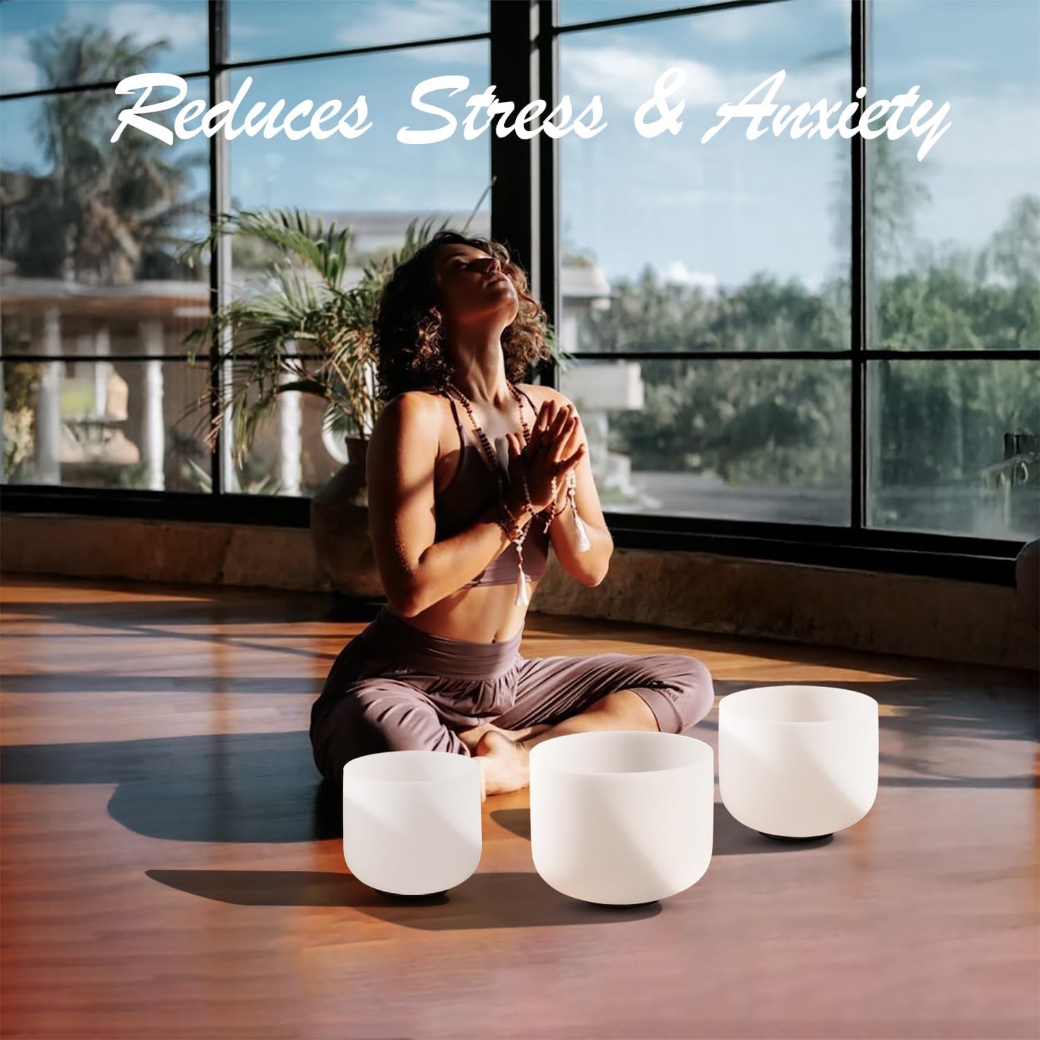 CVNC 432HZ Sound Healing Set of 3 Crystal Singing Bowls, Frosted Chakra Quartz Crystal Sound Bowl with Carry Bags 7'' C Root 8'' F Heart 9'' G Throat